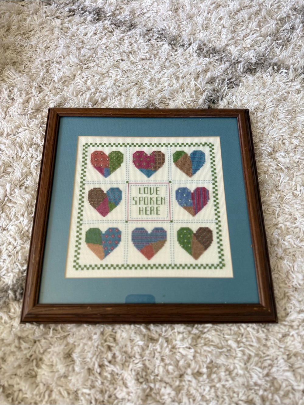 Vintage Boho Love Spoken Here Hearts Framed Cross-stitch Wall Hanging Art Decor